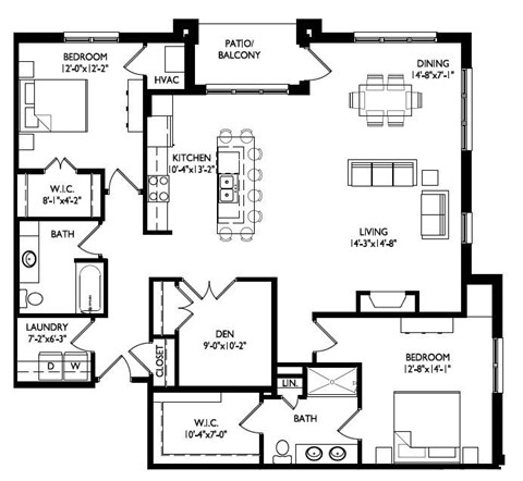 Floor plan for 2 beds, 2 baths, 1713 sqft